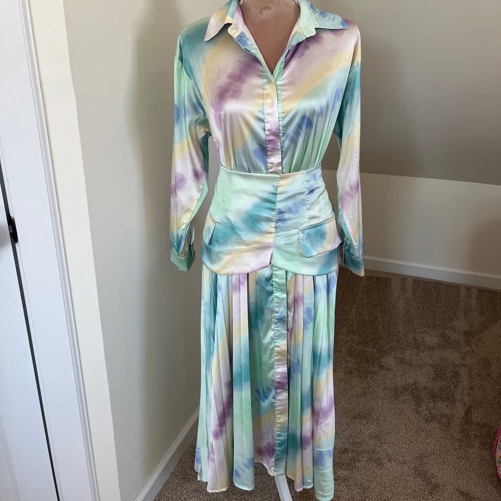 Pastel Tie Dye TwoTwinStyles Collared Button Down Long Sleeve Pleated Maxi Dress